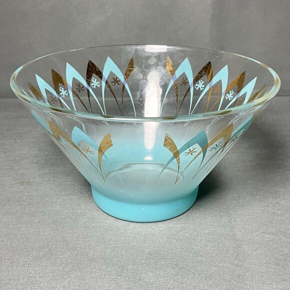 Vintage Anchor Hocking Blendo Happy Hour Atomic Chip Serving Bowl Aqua Gold - Picture 7 of 9